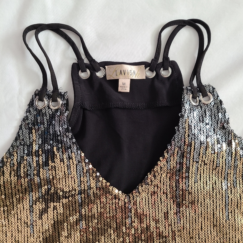NWT Lavish Black/Silver/Gold Sequined Double Strap Racerback Cami Tank Top, M - Picture 3 of 11